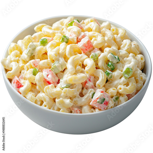 Creamy macaroni salad with colorful vegetables in a white bowl. isolated on white background and transparent background