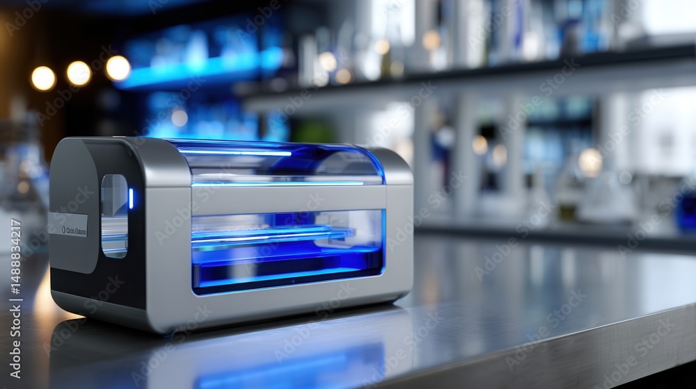 A small device with blue lights sits on a counter A small device with blue lights sits on a counter