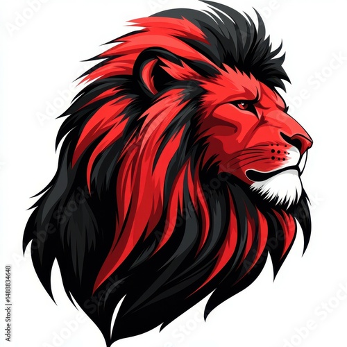 Bold red and black lion head illustration showcasing fierce expression and dynamic design elements