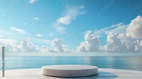 Wallpaper Mural Product display podium on a sunny beach, expansive blue sky and white clouds filling the abstract background  Torontodigital.ca