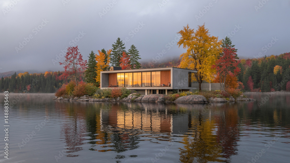 Obraz premium Modern house situated on a tranquil island surrounded by autumn foliage and misty lake reflections at dusk