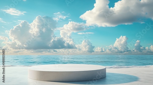 Wallpaper Mural Product showcase podium in a beach setting with expansive blue skies and scattered white clouds Torontodigital.ca