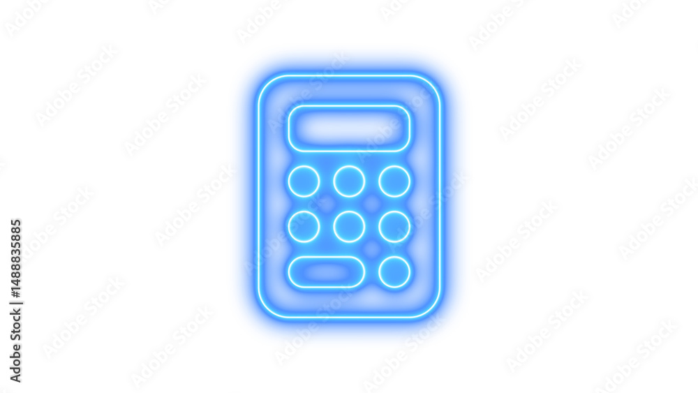 Glowing neon calculator icon on a dark background, featuring a rectangular shape with rounded corners and circular buttons Glowing neon calculator icon on a dark background, featuring a rectangular shape with rounded corners and circular buttons