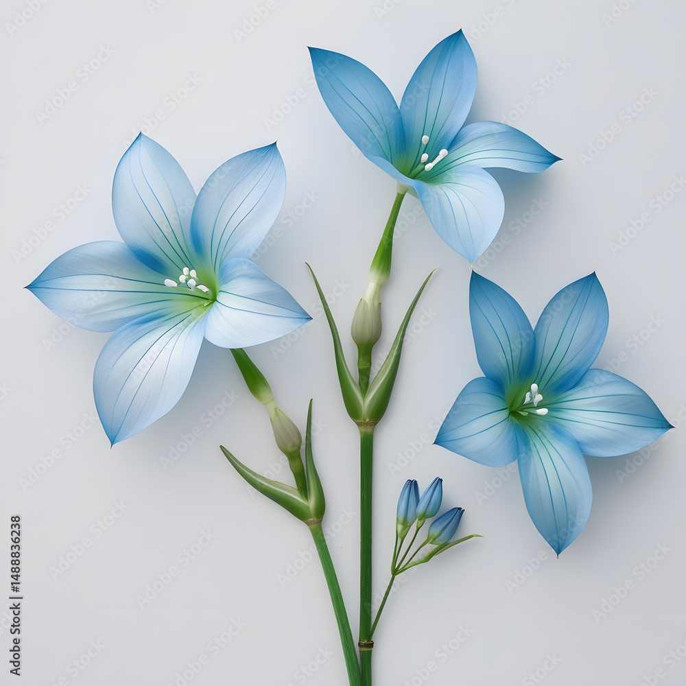 Fototapeta premium White flowers on a blue background with floral design and nature elements