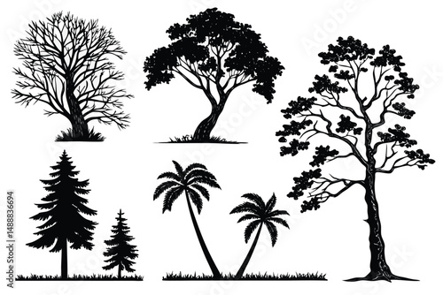 Simple black icons of various coniferous and deciduous trees, depicted as elegant silhouettes, make for beautiful decorative plant graphics