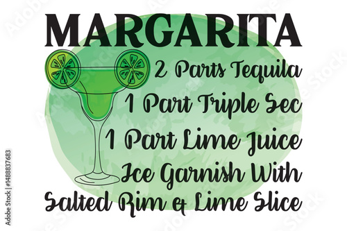 margarita 2 parts tequila 1 part triple sec 1 part lime juice ice garnish with salted rim & lime slice