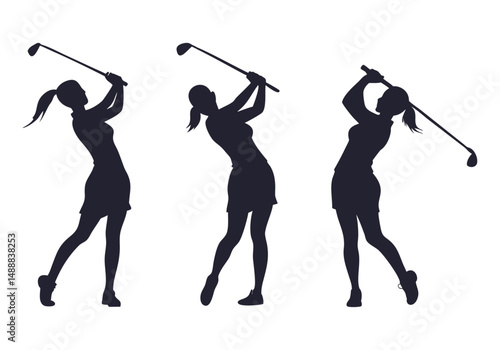 A set of Girl golf players silhouettes in black vector silhouettes