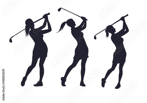 A set of Girl golf players silhouettes in black vector silhouettes