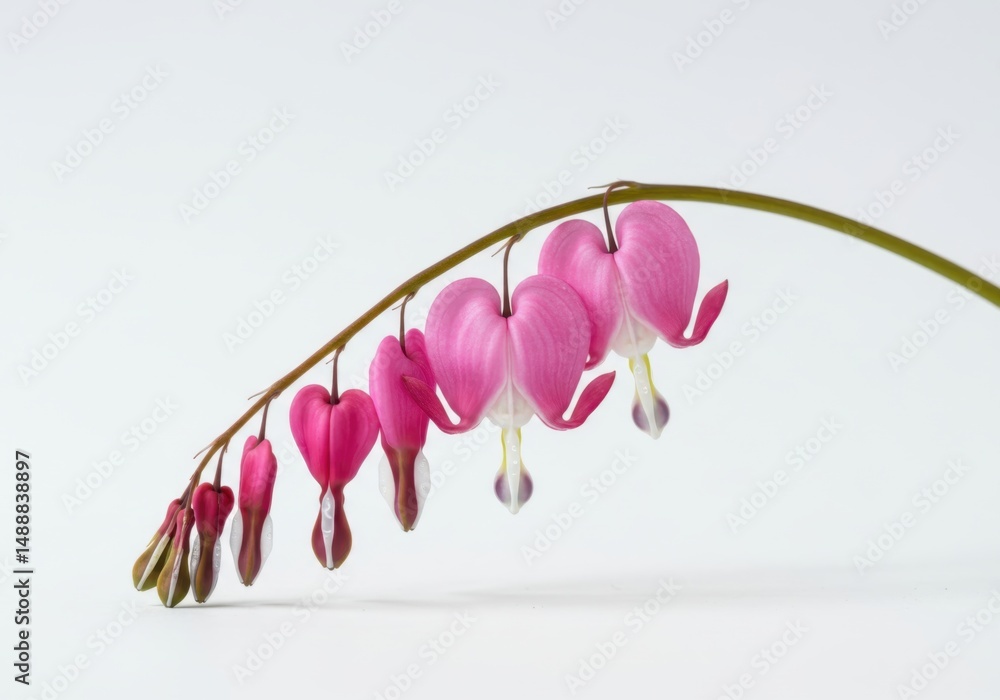 Fototapeta premium pink magnolia flowers,bleeding heart flower background, Dicentra spectabilis, bleeding heart, pink flowers, heart shape, stem, white background, floral, botanical, plant, delicate, unique, studio shot