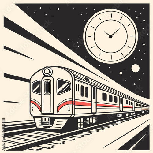 Stylized train moving fast on the tracks with a clock in a retro night scene