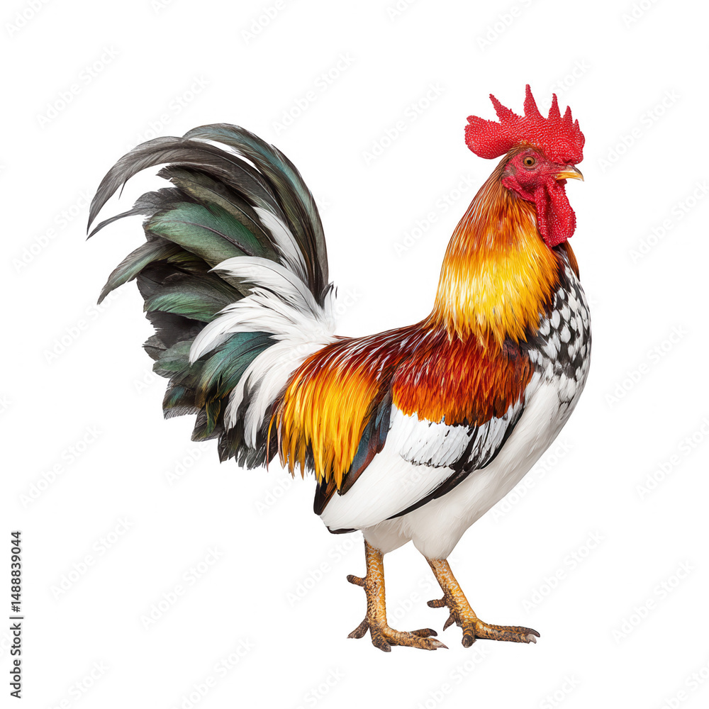 Fototapeta premium A colorful rooster stands tall against a plain white isolated background.