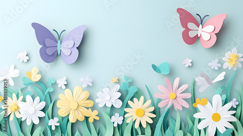 Beautiful daisy field isolated on transparent background. paper art. Paper cut style spring flowers pattern and grass seamless border header. Place for text. Colorful flying butterfly