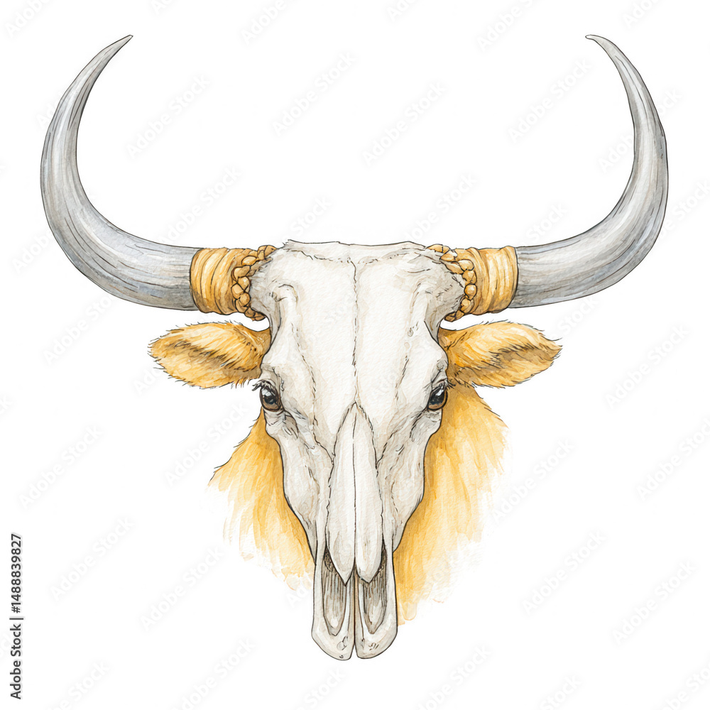 Fototapeta premium A watercolor illustration of a decorated bull skull faces forward in design.