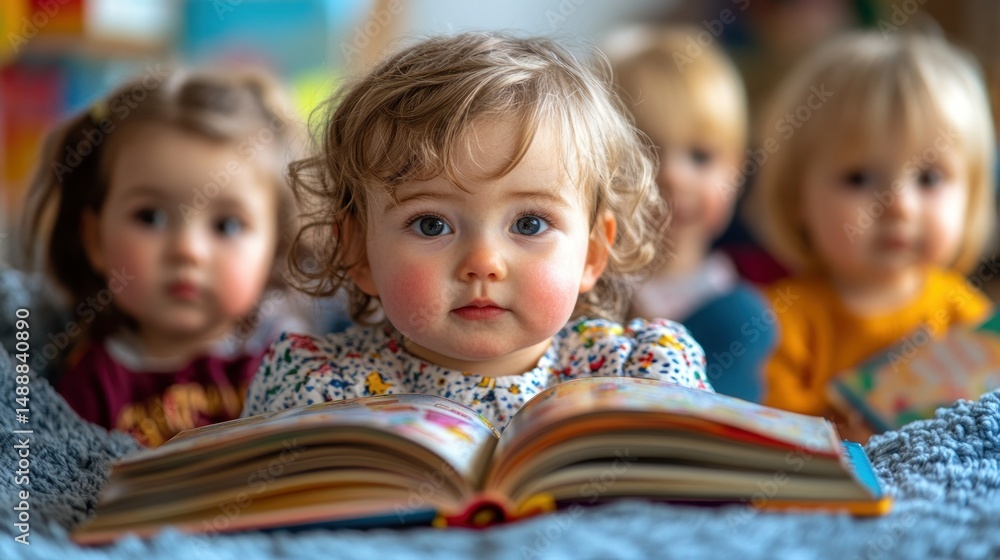 Baby girl reading a book, surrounded by other children Baby girl reading a book, surrounded by other children