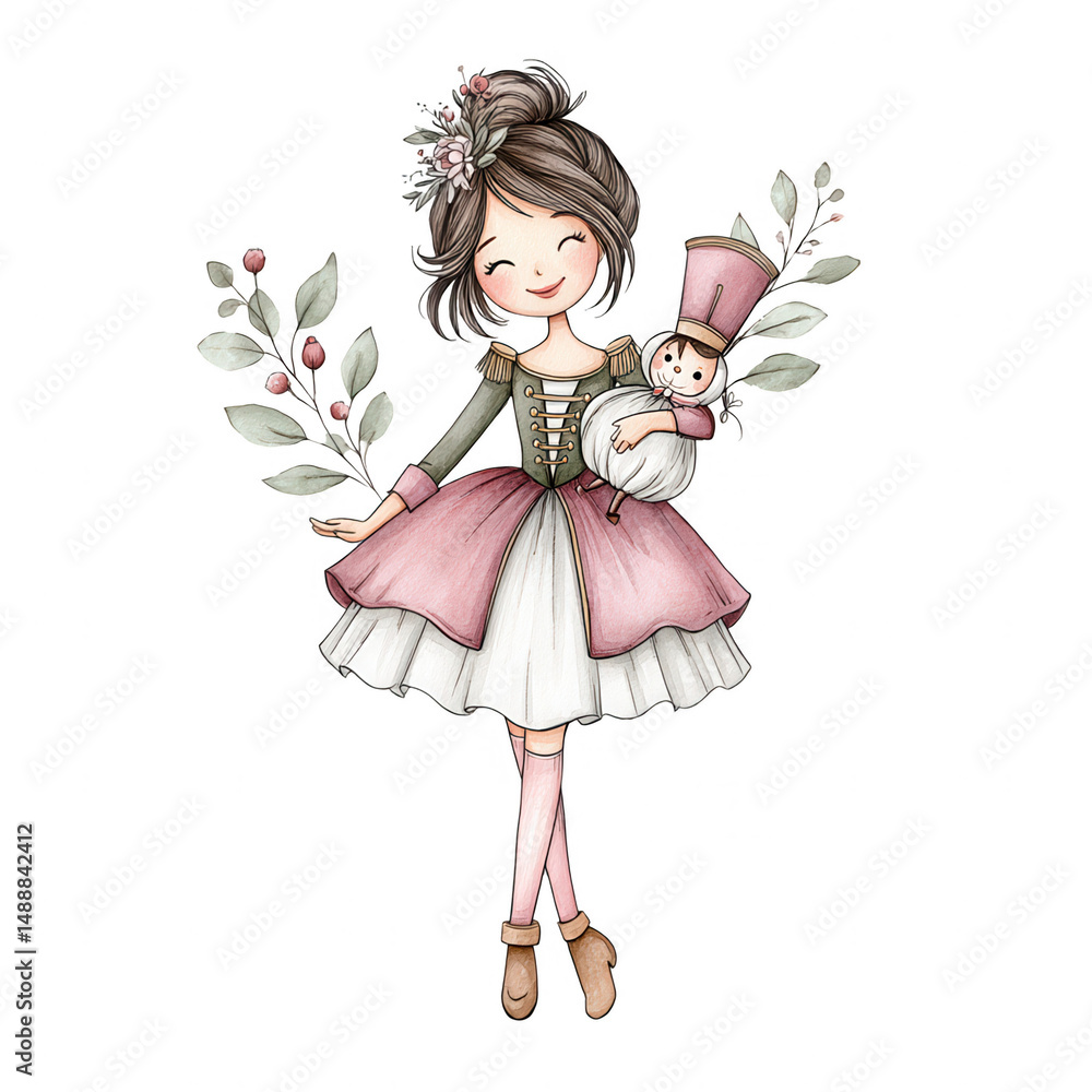 A cute little girl holds her toy soldier in a watercolor illustration. A cute little girl holds her toy soldier in a watercolor illustration.