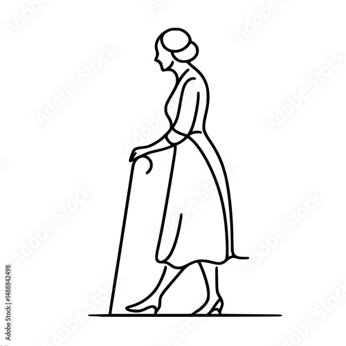 Elderly woman walking with cane in single line outline vector style  