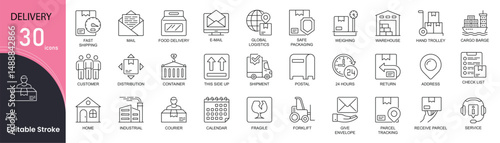 
Delivery related line icons set. Pack outline pictograms of e-shopping, email, global logistics, safe packaging, cargo, fast shipping and other. Editable stroke . Outline icons