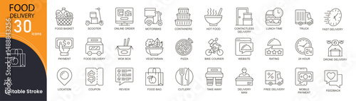 Food delivery concept simple line icons set. Bundle of menu, search, shop, feedback, online order, lunch time, payment, courier and other . Editable Stroke . Outline icons