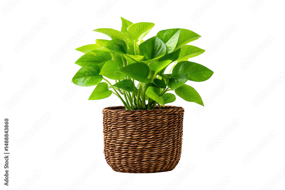 Obraz premium Potted golden pothos plant in a woven basket isolated on transparent background