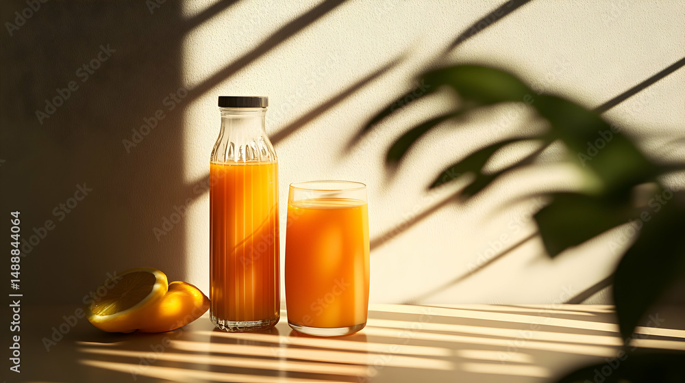 Golden hour refreshment: Fresh orange juice in a glass bottle and a glass Golden hour refreshment: Fresh orange juice in a glass bottle and a glass