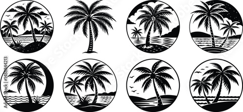 set of black palm tree and white beach icons