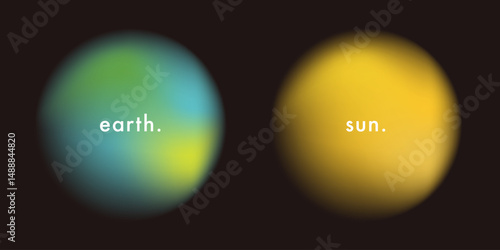 A set of blurry planet earth and sun gradient shape. Abstract blue and green color circle defocused shape on black. Y2k inspired vector soft gradation globe circle and futuristic sun round bg