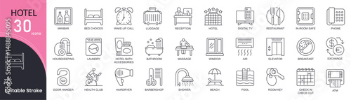 Hotel related line icons set. Pack outline pictograms of passport, airport, luggage, reception, exchange, restaurant, housekeeping and other. Editable stroke . Outline icons.