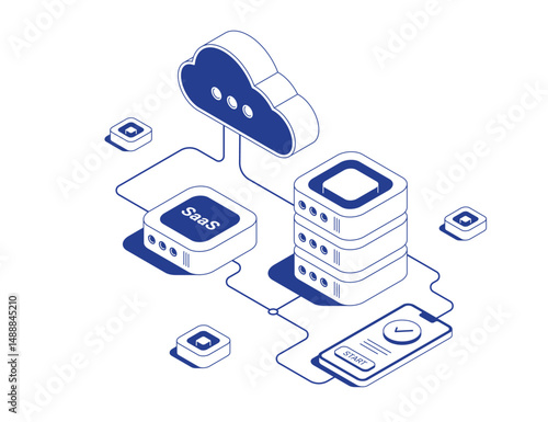 Mobile phone with success icon connected to SaaS server rack and large server stack with cloud service wiring in isometric line contour vector illustration.