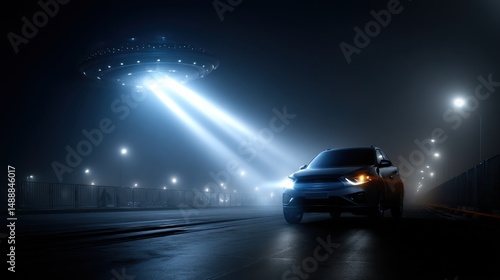 A car is driving down a road at night with a UFO in the sky