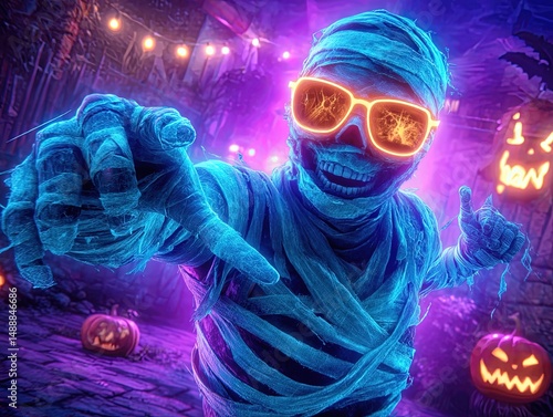 Neon Glowing Mummy in Sunglasses Dancing Halloween Night Party with Pumpkins Jack o Lanterns Spooky Purple Background Holiday Digital Art Illustration Decor Image