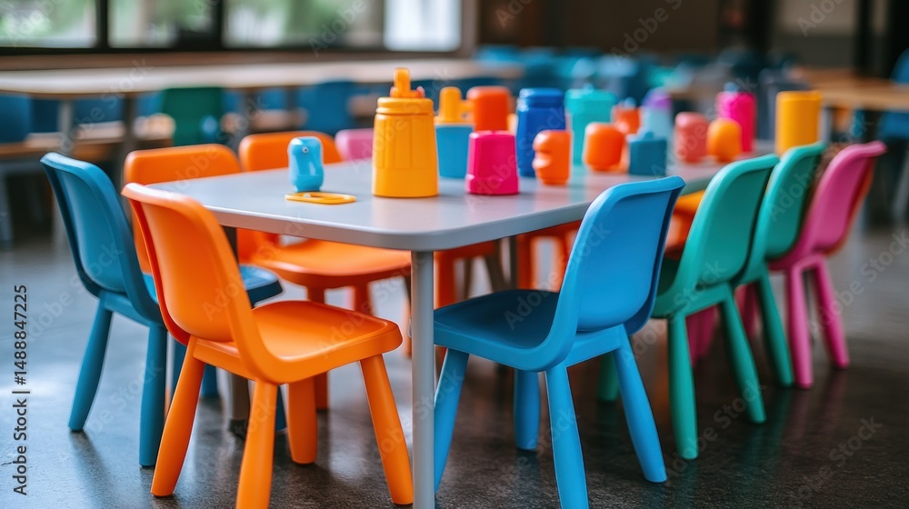 Colorful children's table and chairs in a daycare Colorful children's table and chairs in a daycare