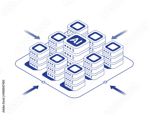 Data center server room isometric illustration with main server rack surrounded by smaller servers connected by data cables and arrows showing information flows in line contour vector style.