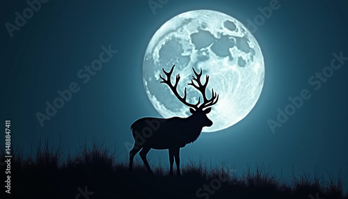 Majestic Deer Silhouette Against Full Moon in Tranquil Night Forest