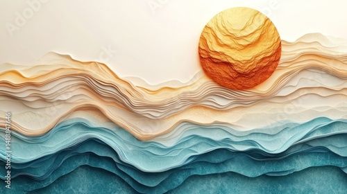 Abstract layered landscape with sun