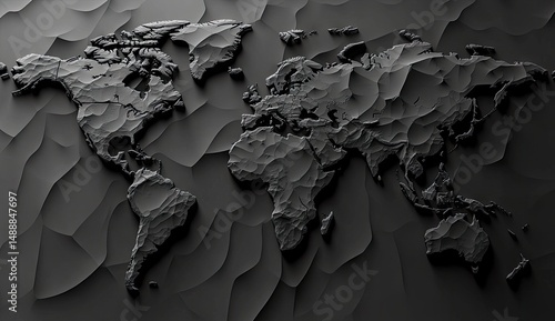 Fototapeta Naklejka Na Ścianę i Meble -  Dark, textured world map rendering, relief style.