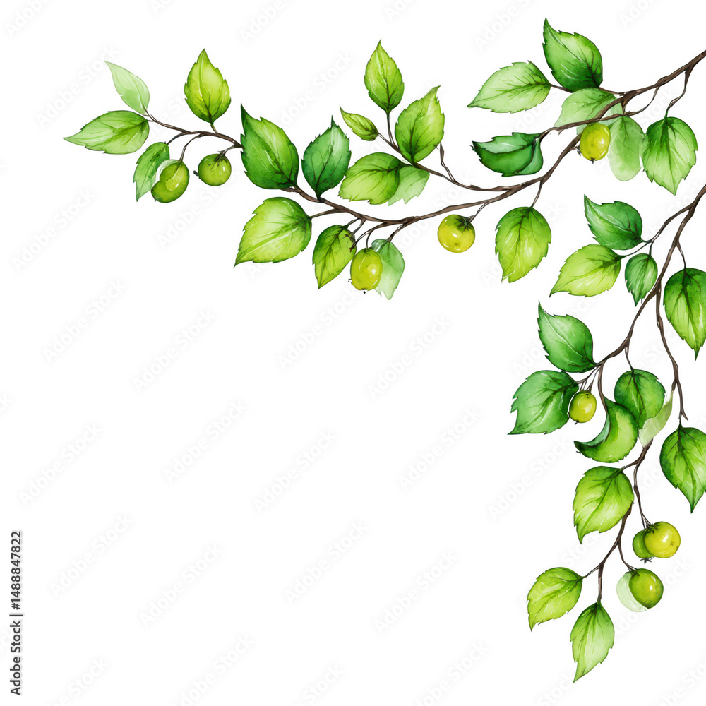 Bright watercolor painting showcases branches and fresh green leaves. Bright watercolor painting showcases branches and fresh green leaves.