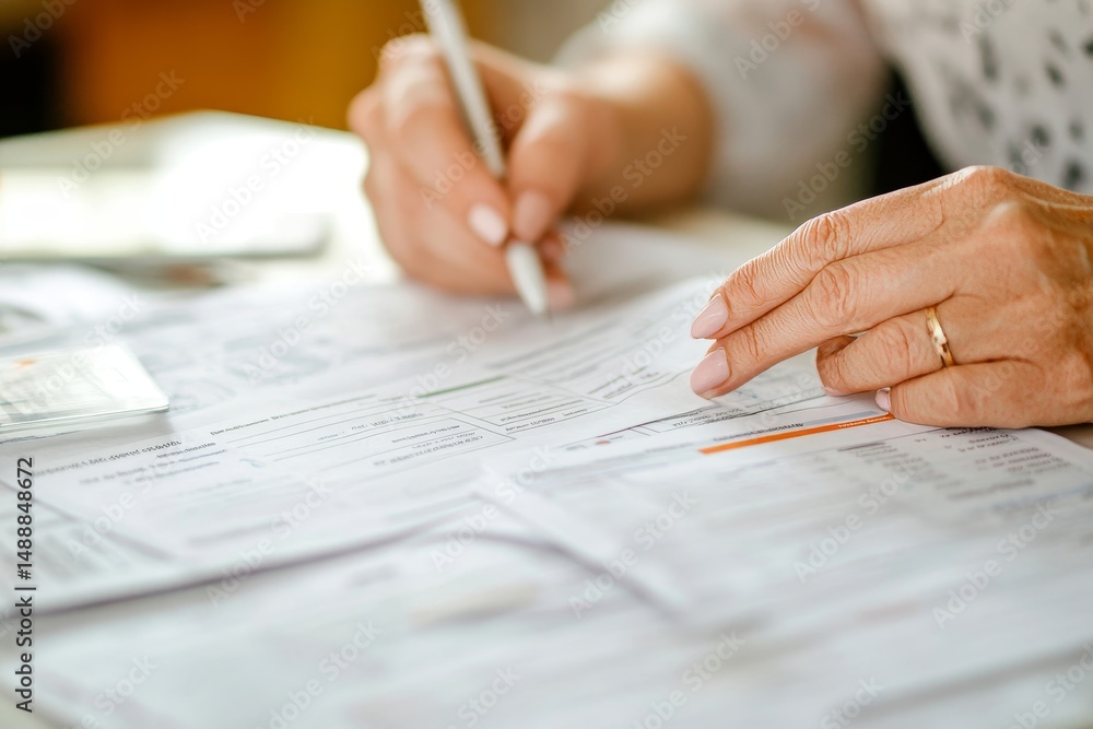 Woman writing on documents with a pen on a table with a ring on her finger and manicured nails Woman writing on documents with a pen on a table with a ring on her finger and manicured nails