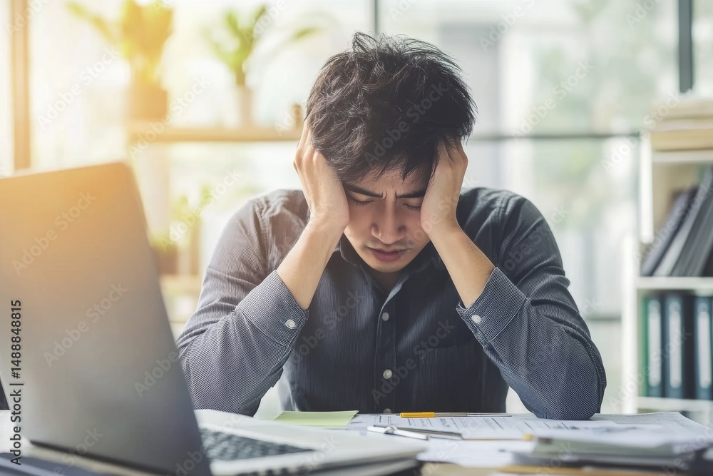 Man sitting at desk with laptop holding his head looking stressed and overwhelmed with paperwork Man sitting at desk with laptop holding his head looking stressed and overwhelmed with paperwork