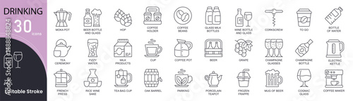 Drink concept simple line icons set. Bundle of coffee,  beans, milk, wine, tea ceremony, beer, champagne, cognac and other. Editable Stroke. Outline icons.