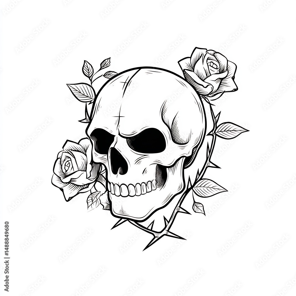 Fototapeta premium Skull with Roses and Thorns Outline