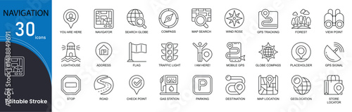 Navigation related line icons set. Bundle of home, pinpoint, compass, map, search, route, mountains, satellite, tracking and other. Editable stroke . Vector Illustration