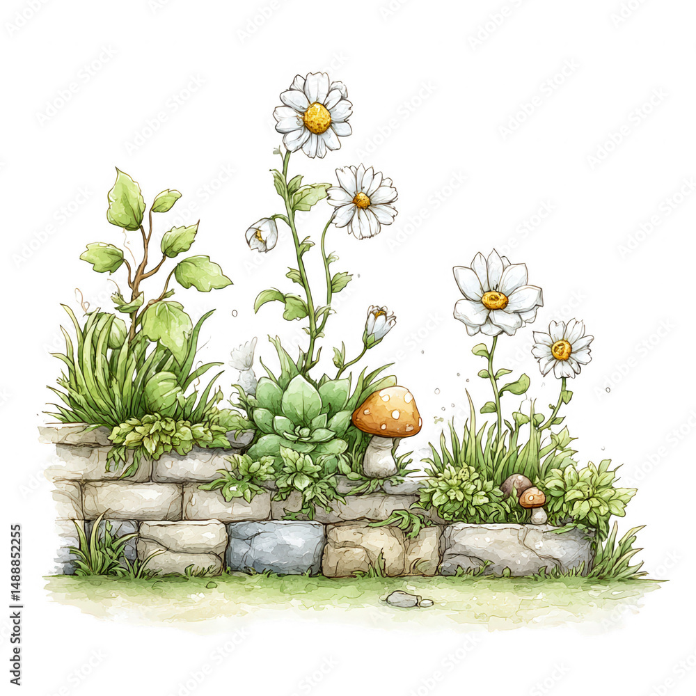Obraz premium A whical watercolor garden bursts from the old brick wall with daisies.