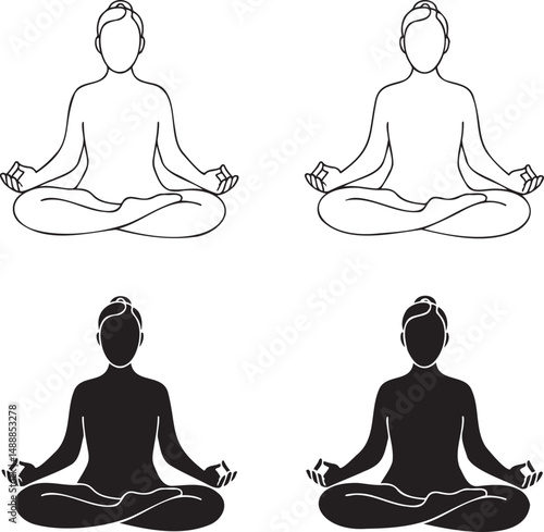 Meditation silhouette & Outline set vector illustration isolated On Transparent Background