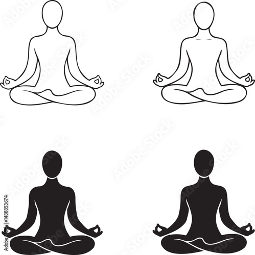 Meditation silhouette & Outline set vector illustration isolated On Transparent Background