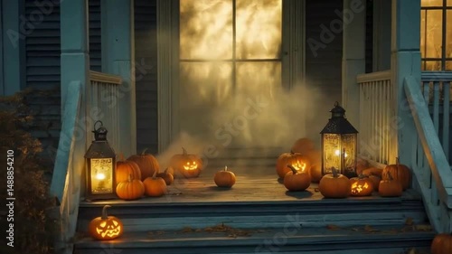 horror scene jack-o-lantern on door of house candles in autumn breeze