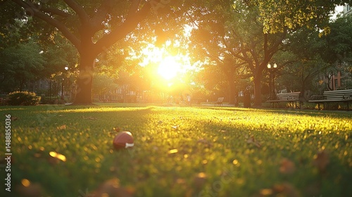 Golden sunlight streams through trees in a park