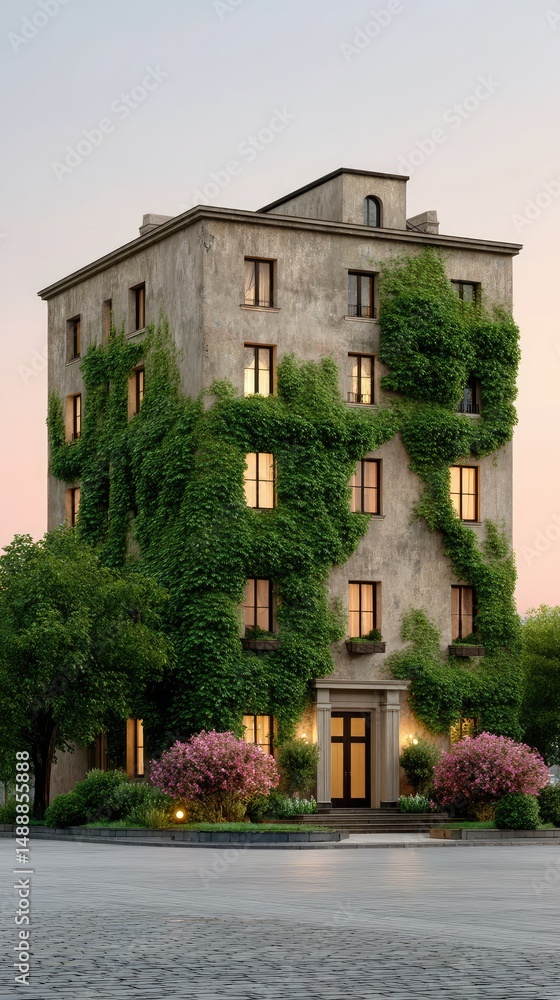 Obraz premium Elegant Urban Building Wrapped in Lush Green Ivy at Dusk