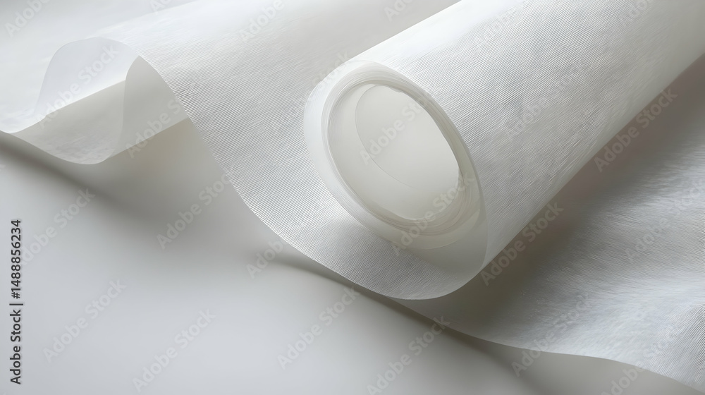 Abstract pristine white translucent paper roll presentation on clean background Abstract pristine white translucent paper roll presentation on clean background