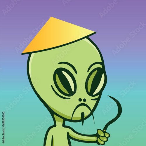 Alien34 asian green hat sickle vector illustration