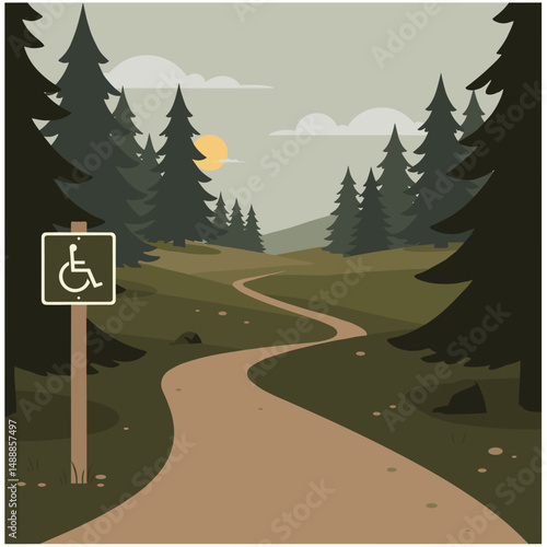 Accessible nature trail winding through pine forest at sunset  